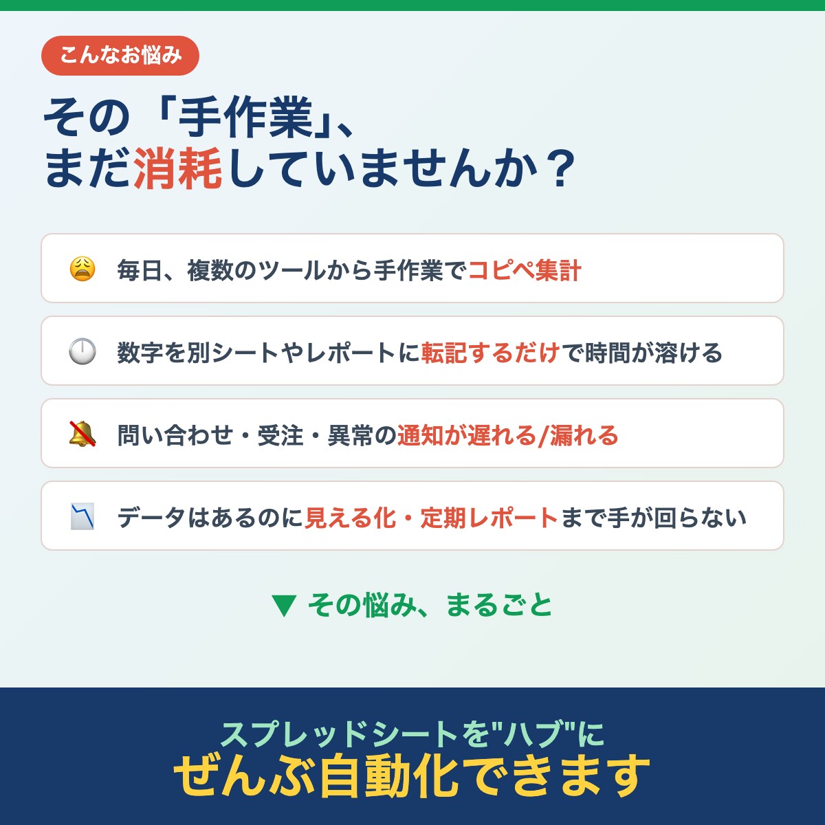 毎日のコピペ・転記をゼロに｜gasで自動化します バラバラなデータを自動で収集 → 集計 → レポートまで イメージ3