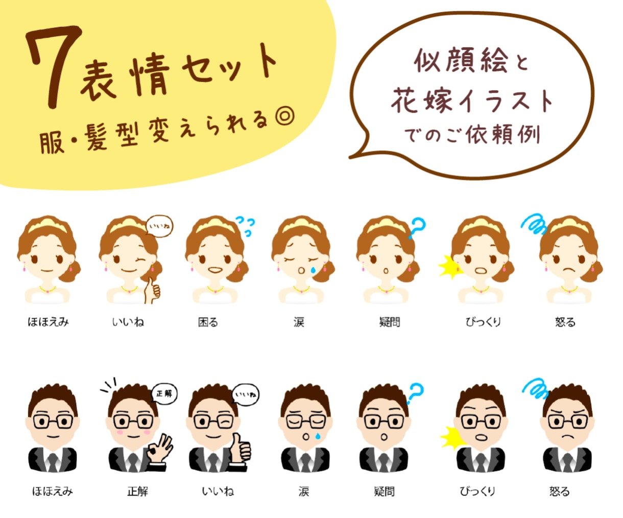 似顔絵OK表情7つ！髪型、服も基本料金で作れます セリフや手、アクセサリーも付けられる☆商用利用可能 イメージ2