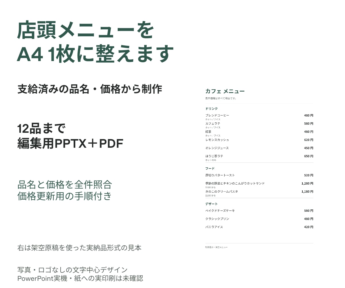 価格を更新できるA4メニュー表を作ります A4片面の編集用データとPDF。更新案内も添付 イメージ1