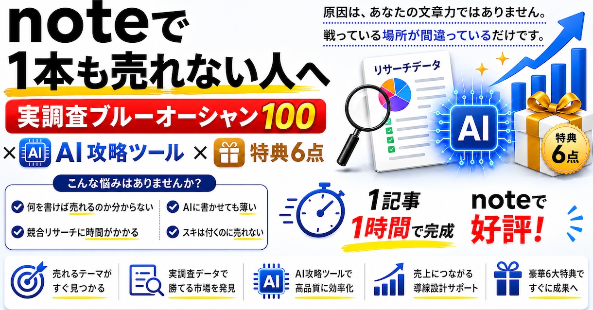 noteのブルーオーシャンをAIツールで攻略します 売れるnoteテーマを発掘するツールセットを提供！ イメージ1