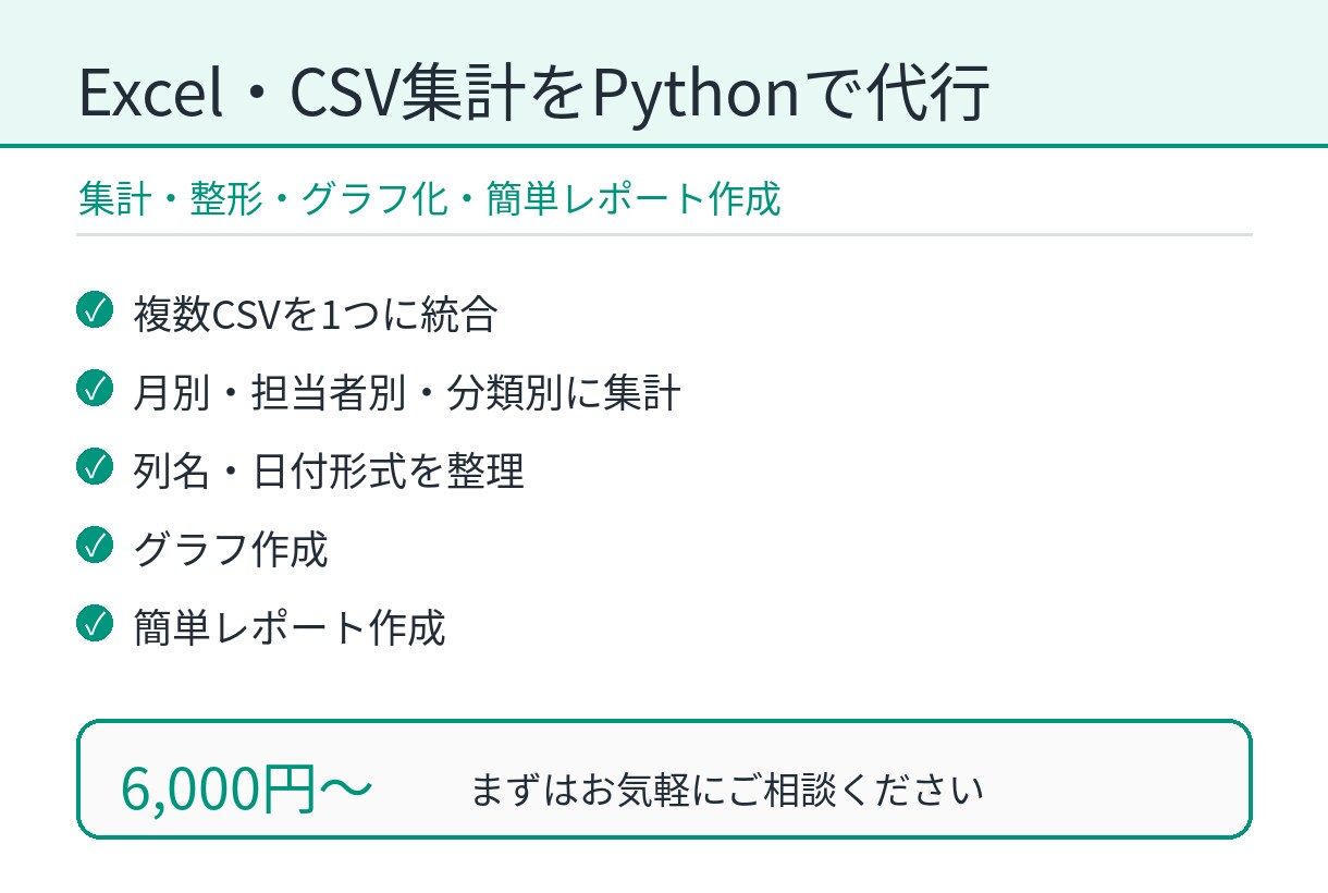 Excel・CSVの集計をPythonで代行します Excel・CSVの集計可視化を支援します イメージ1
