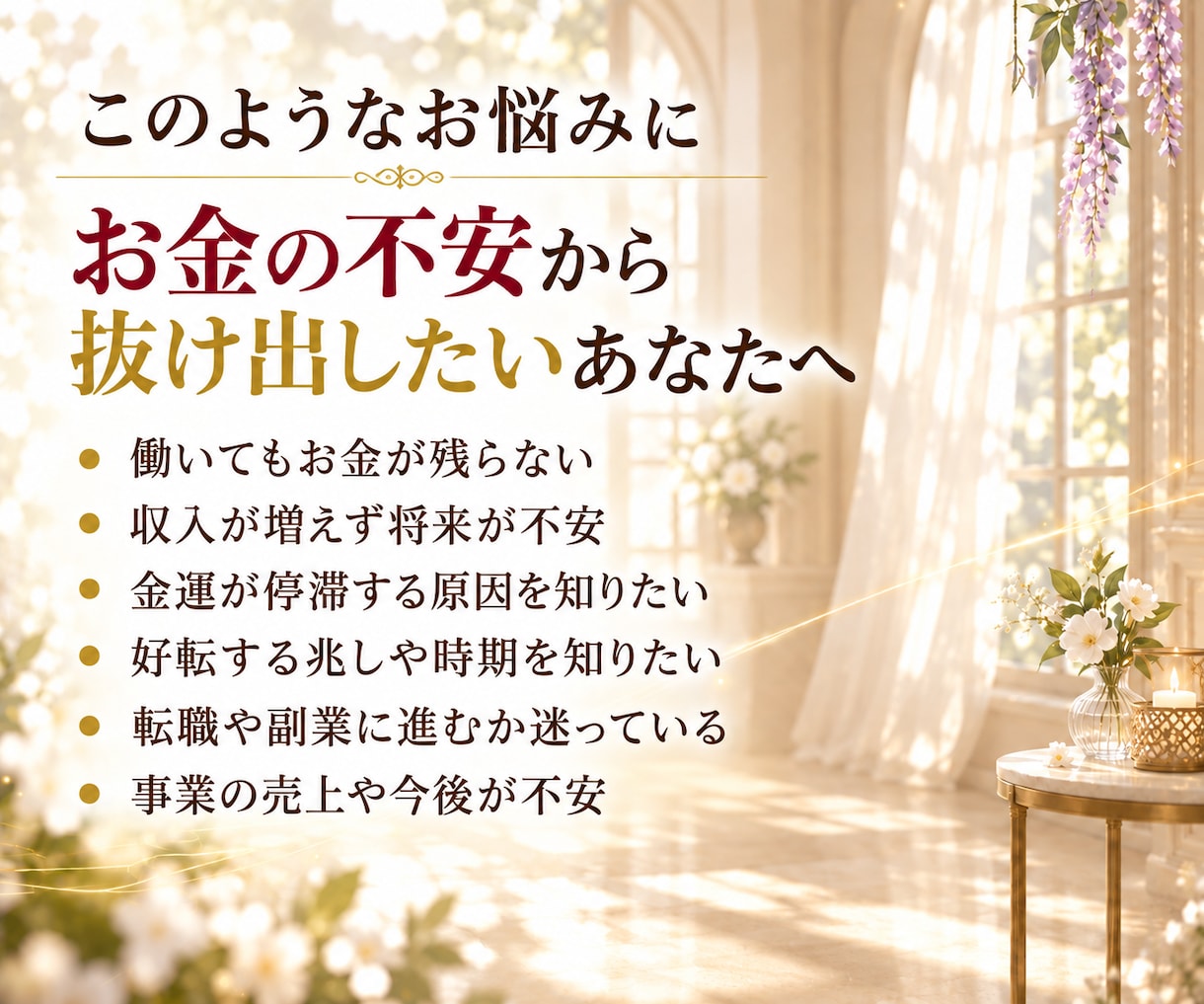 金運｜収入が増えない原因と好転の時期を霊視します お金の不安から抜け出したい。豊かさが巡る、ゆとりある未来へ イメージ2