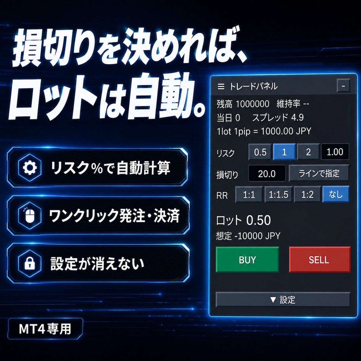MT4のロット計算・発注・決済をパネル化します 損切りを決めればロットは自動。設定も消えません イメージ1