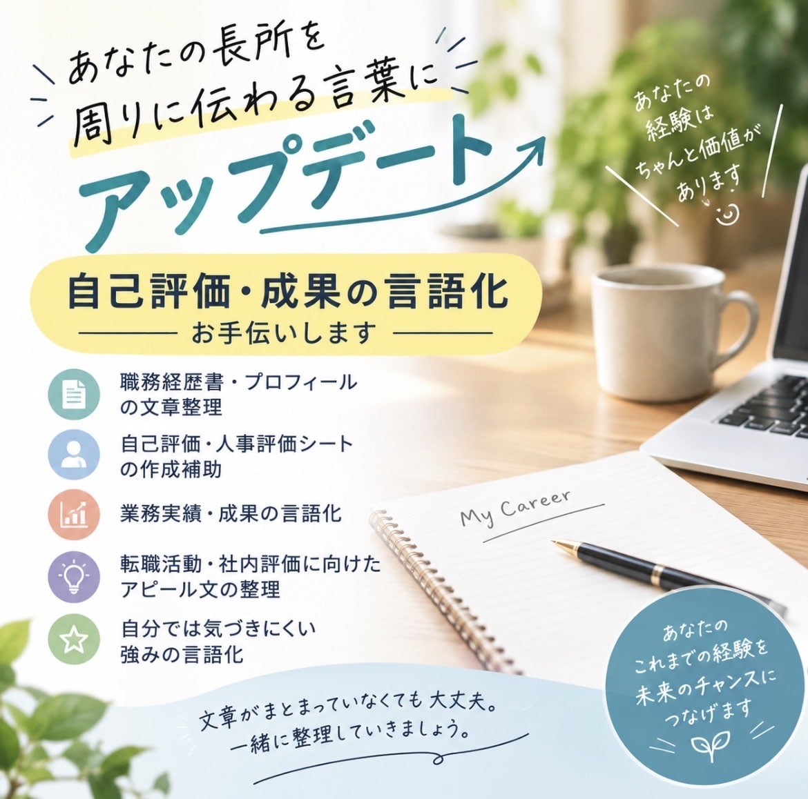 自己評価・成果の言語化お手伝いします あなたの長所を周りに伝わる言葉にアップデート イメージ1