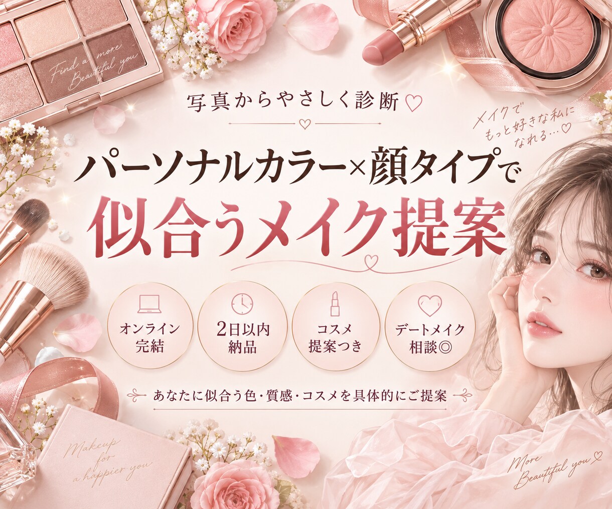 パーソナルカラー×顔タイプで似合うメイク提案します あなたに似合う色・質感・コスメを具体的にご提案 イメージ1