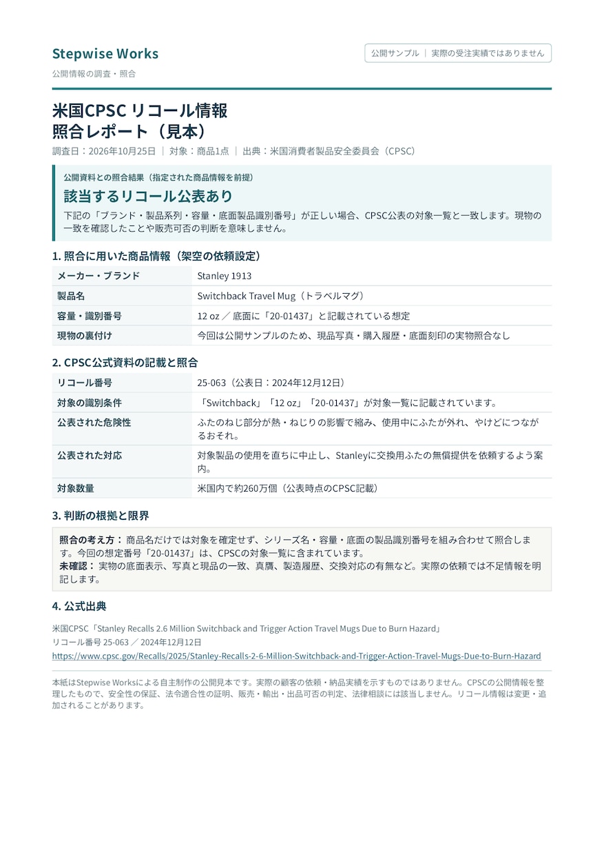 米国向け商品のリコール情報を調べます 米国CPSCの公式情報を確認し、日本語で結果を報告 イメージ2