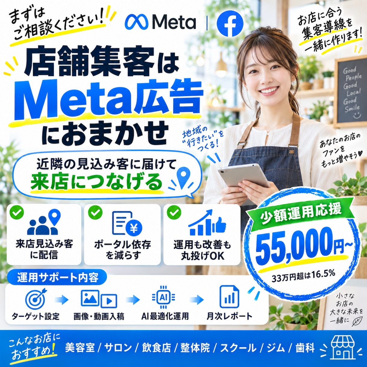 店舗向けMeta広告の運用を代行します 商圏を絞って見込み客に届ける集客導線を作ります イメージ1