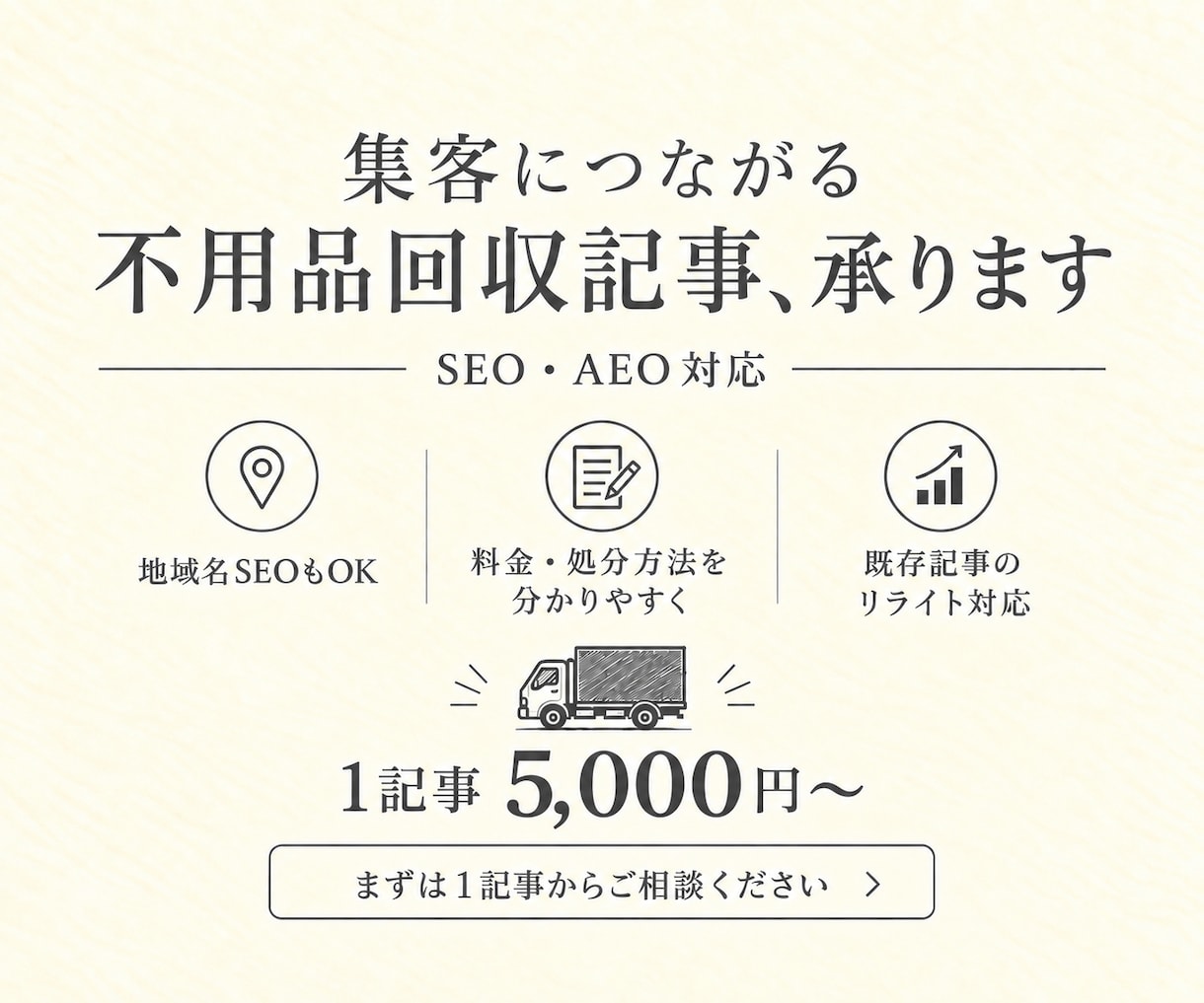 SEO記事 | 不用品回収・処分方法記事作成します 不用品回収業界者様向けのSEO・AIO記事制作を承ります。 イメージ1