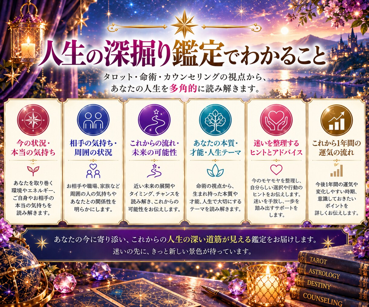 人生の深掘り鑑定　本質才能・1年間の流れをみます タロット×命術｜3つのテーマ＋1年間の流れを多角的に鑑定 イメージ2