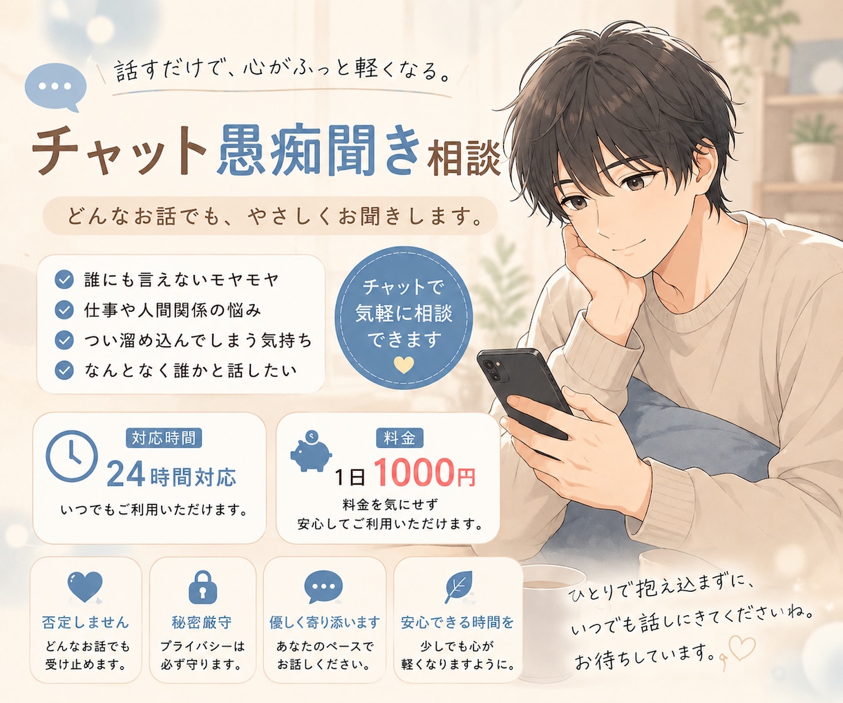 1日チャットでおしゃべりできます 電話はハードル高いでも話したい方へチャットはいかがですか？ イメージ1