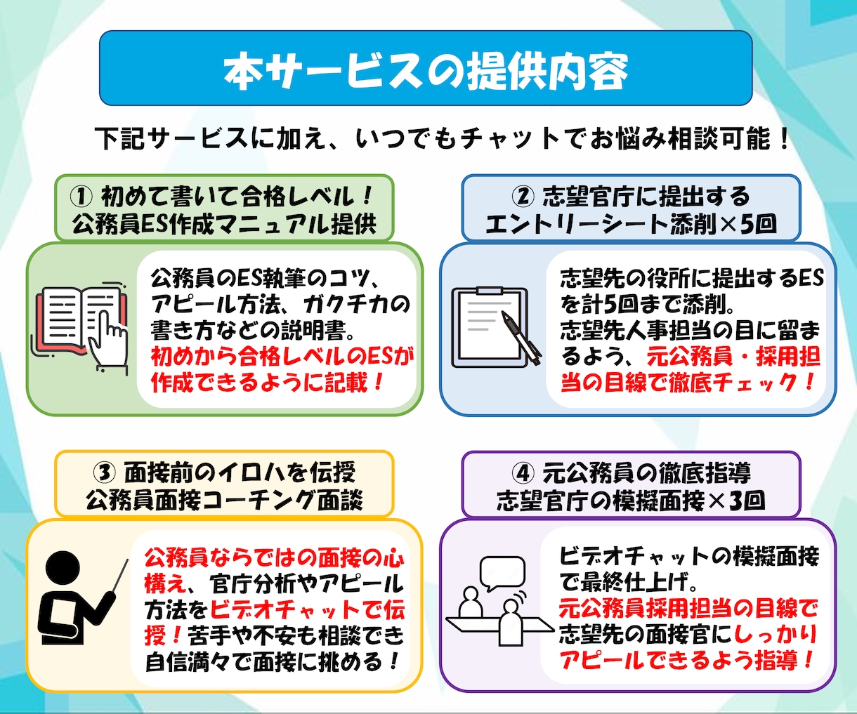 公務員試験）元公務員がES・面接対策を完全指導ます 【内定獲得】国家資格・元公務員によるプロの公務員内定サポート イメージ2