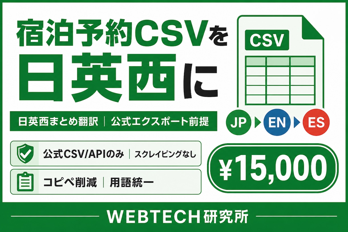 宿泊予約CSV｜日英西まとめ翻訳ます 公式エクスポートCSVを日英西で使える形に イメージ1