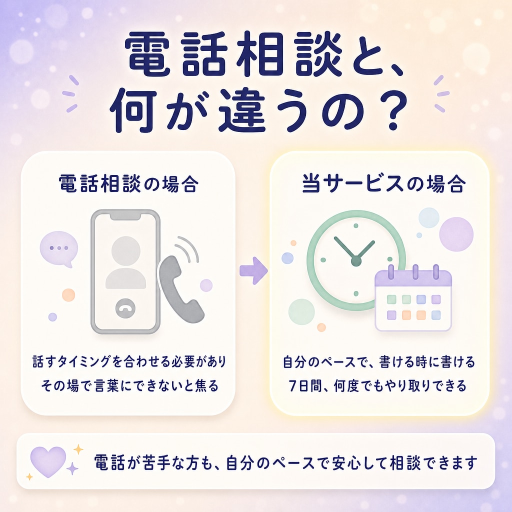 人間関係も仕事も、複数のAIを使って整理します 電話が苦手な方へ。テキストで相談・壁打ちしましょう。 イメージ5