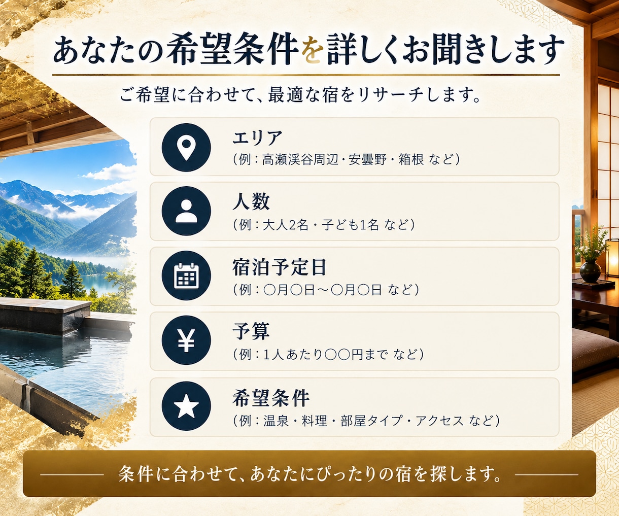 条件に合うホテル・旅館を徹底リサーチ＆比較します 温泉・料理・料金まで徹底調査！ホテル・旅館を比較します イメージ2