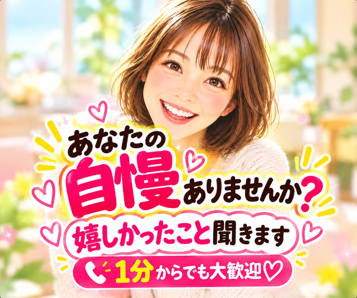 嬉しい話・自慢話を楽しくワクワクしながら聞きます 幸せ報告も雑談も大歓迎♡1分から気軽にどうぞ イメージ1