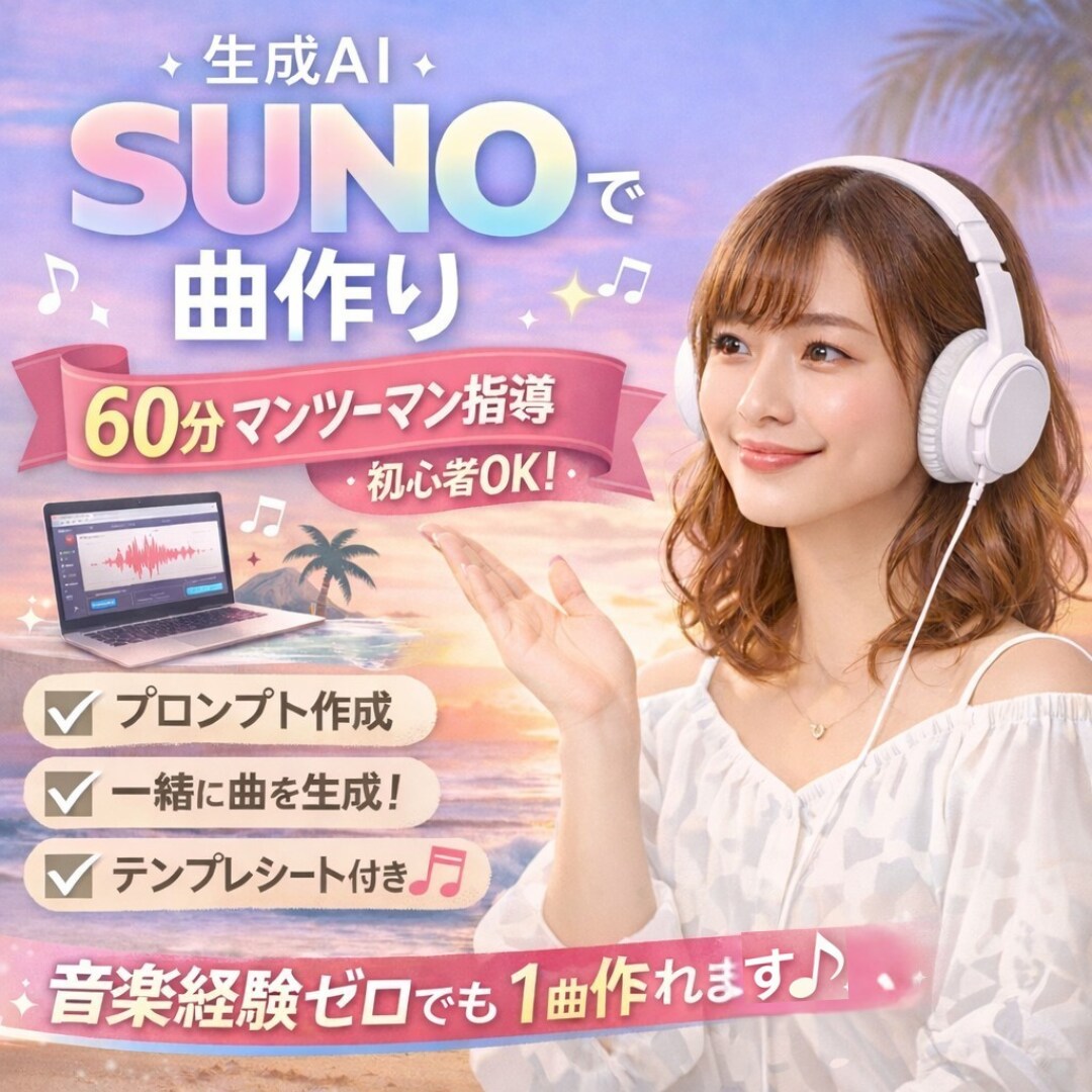生成AI 『SUNO』で音楽を作る方法を教えます 初心者OK！曲作りが楽しくなる60分 イメージ1