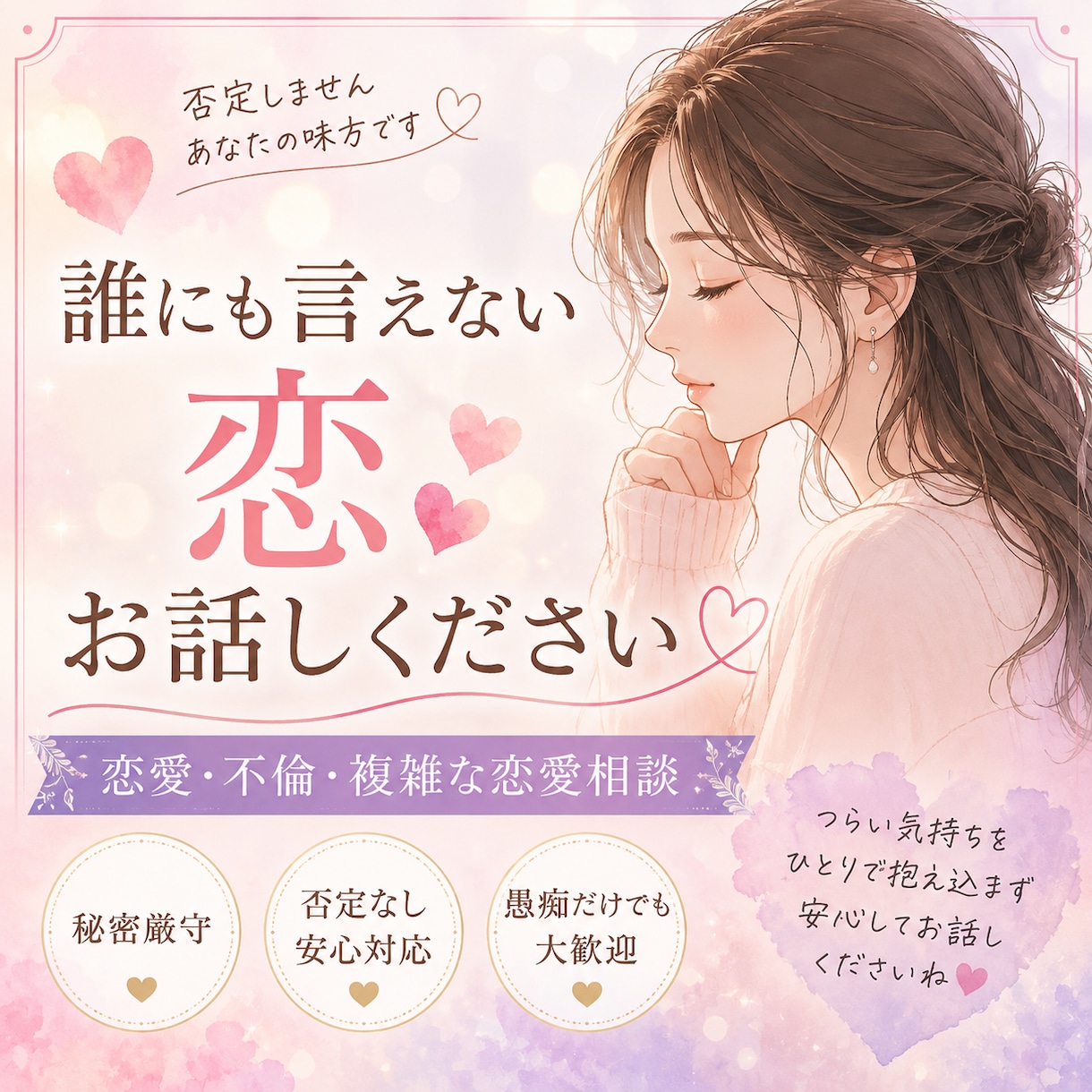 誰にも言えない恋愛・不倫のお悩みをお聞きします 否定はしません。複雑な恋愛の気持ちを安心してお話しください。 イメージ1