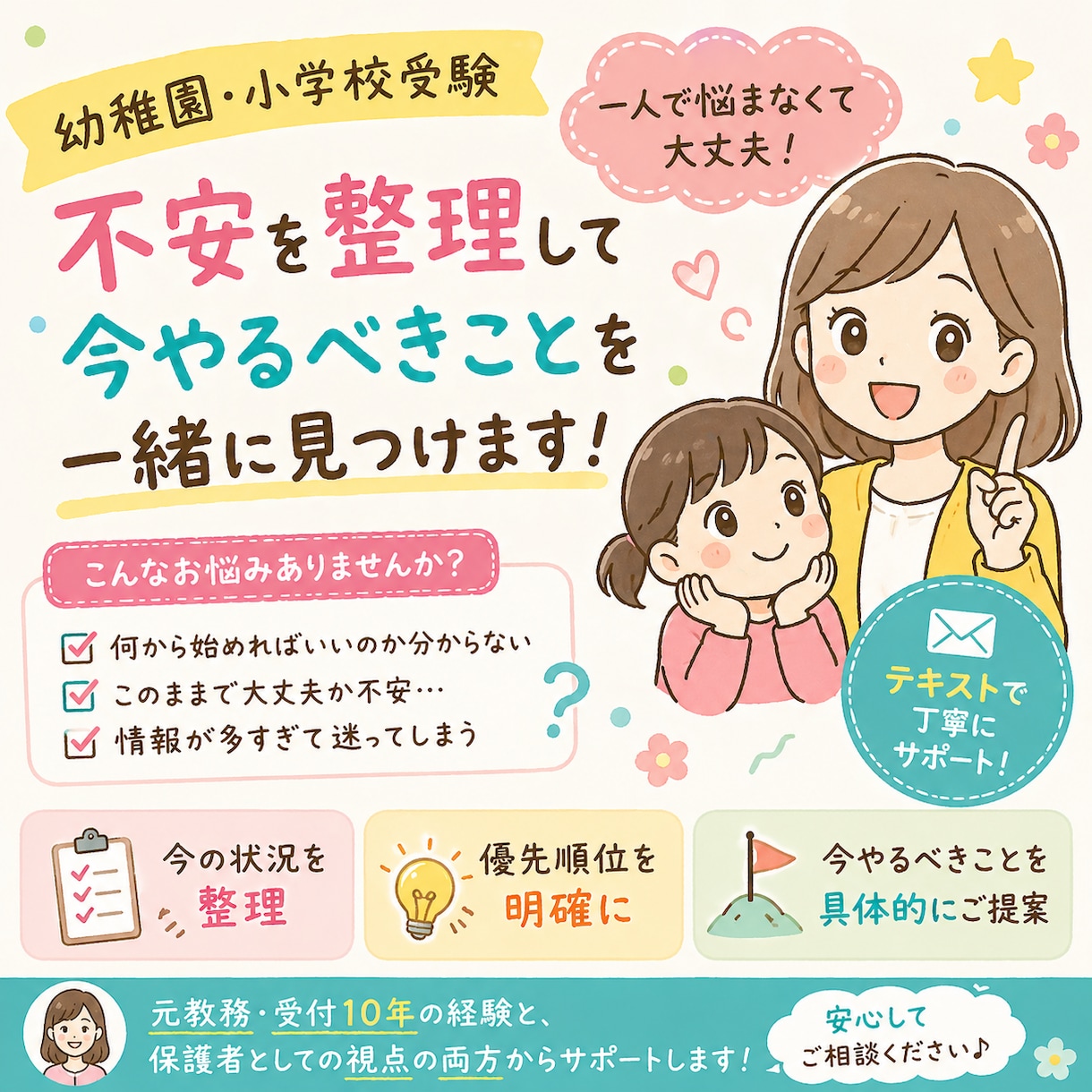 幼稚園・小学校受験の不安整理と行動提案をします ご家庭の状況を整理し、無理なく進める形に整えます イメージ1