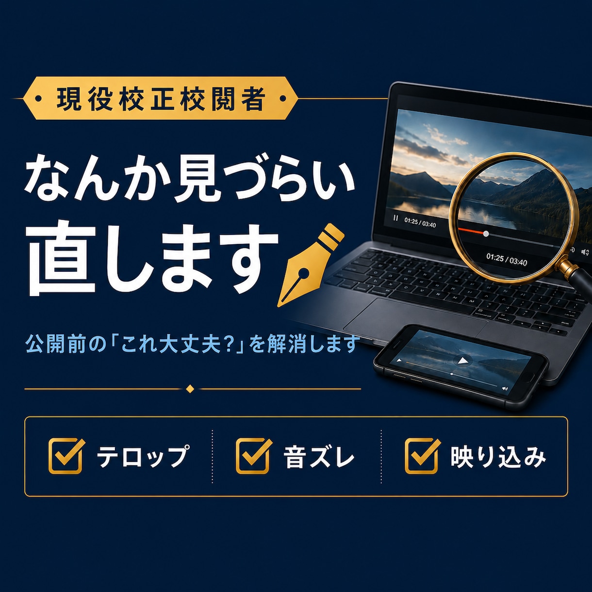 現役校正校閲者が動画の「見づらい」を改善します 見づらさ・字幕・映り込みなど、動画全体の違和感を見つけます。 イメージ1