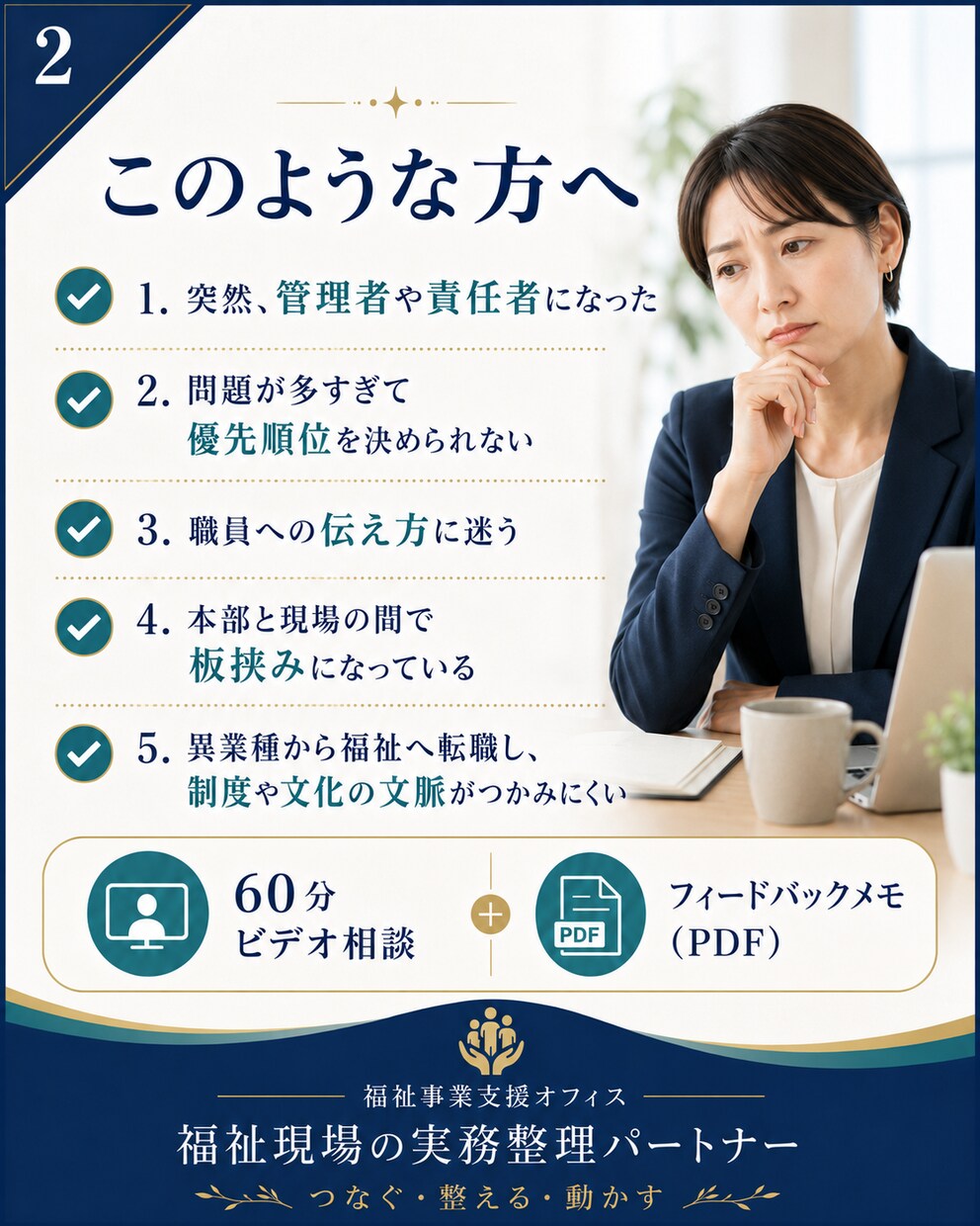 福祉現場の「何から手をつけるか」を整理します 課題と優先順位を整理し、明日から動ける形へ イメージ2