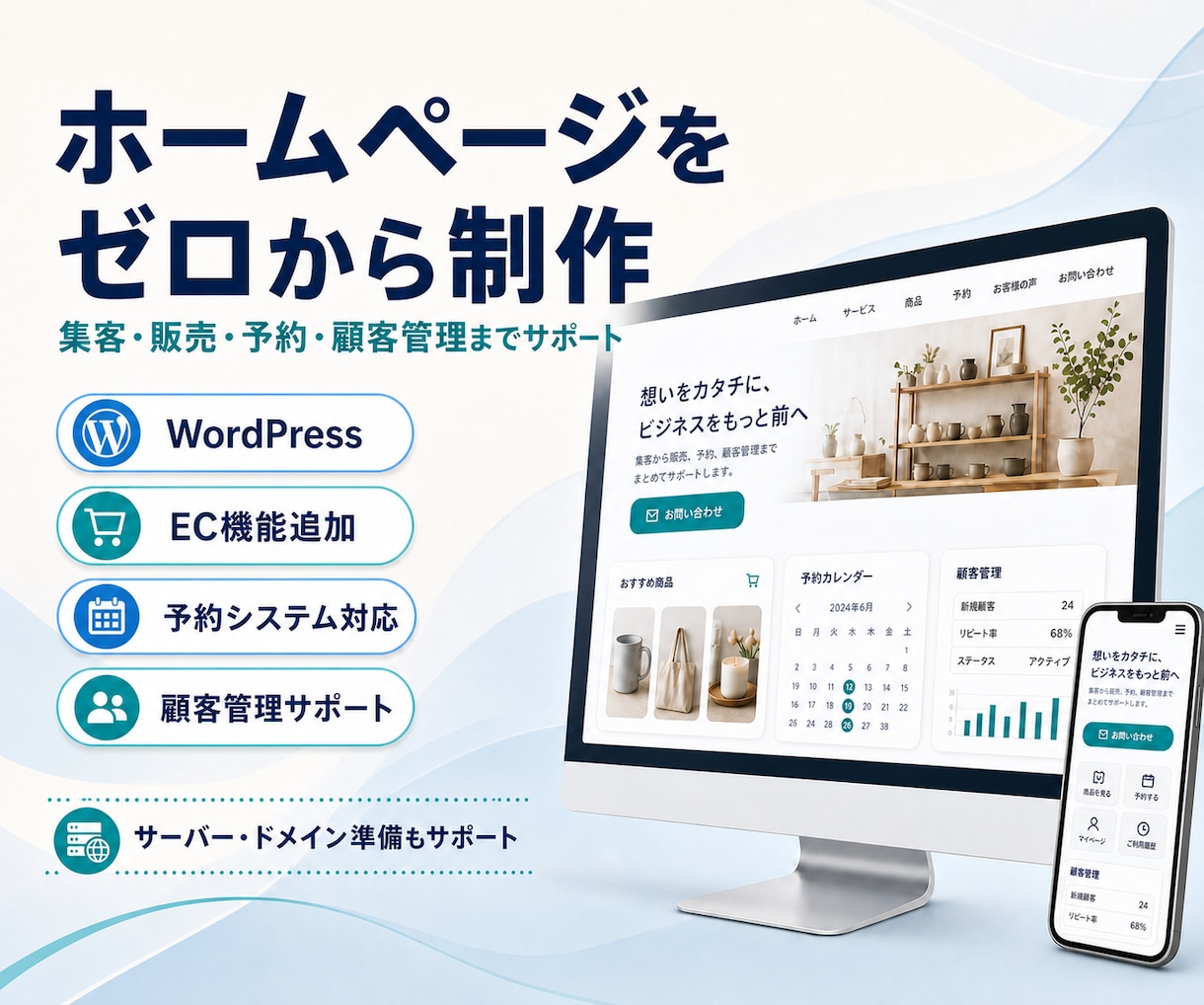 ゼロから集客販売予約に繋がるホームページ制作します Webサイト、EC・顧客予約システム連携までフルサポート イメージ1