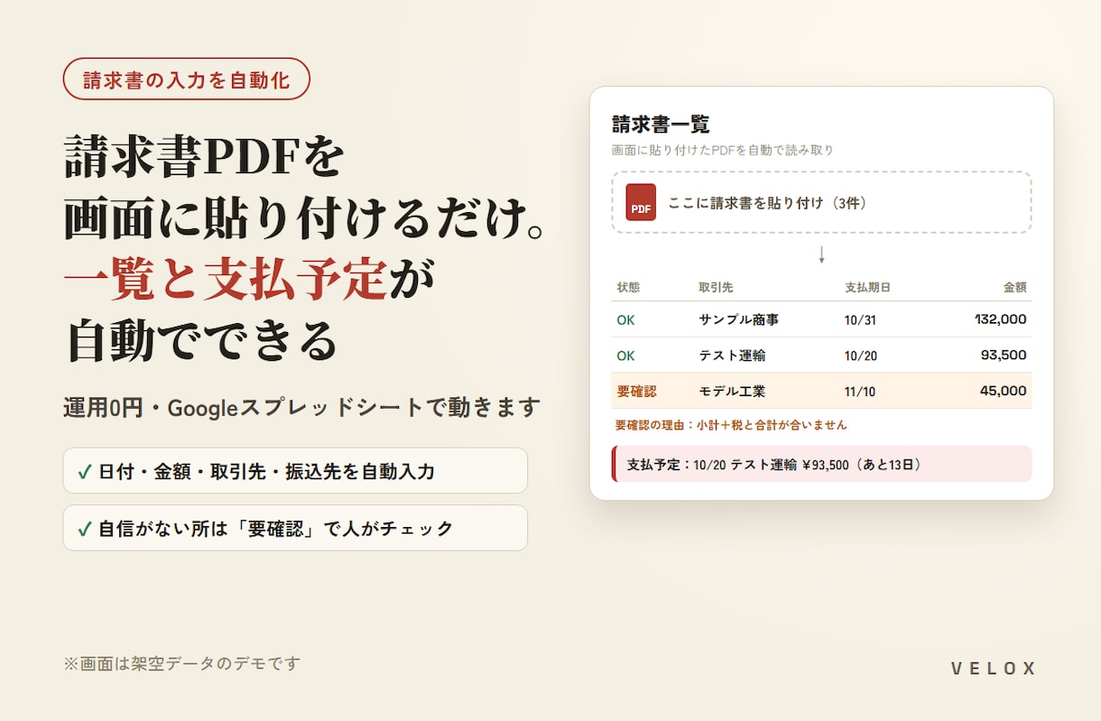 請求書PDFを貼るだけで一覧と支払予定を作ります 手入力ゼロへ。月額0円、自信がない所は要確認で表示 イメージ1