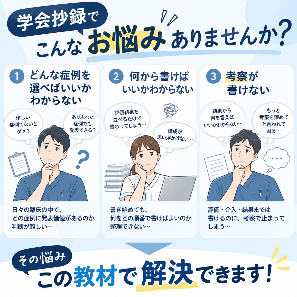 症例報告の抄録を自分で仕上げる実践ガイド提供します 次の症例報告から迷わない。“書く順番”と“見る視点”を手元に イメージ2