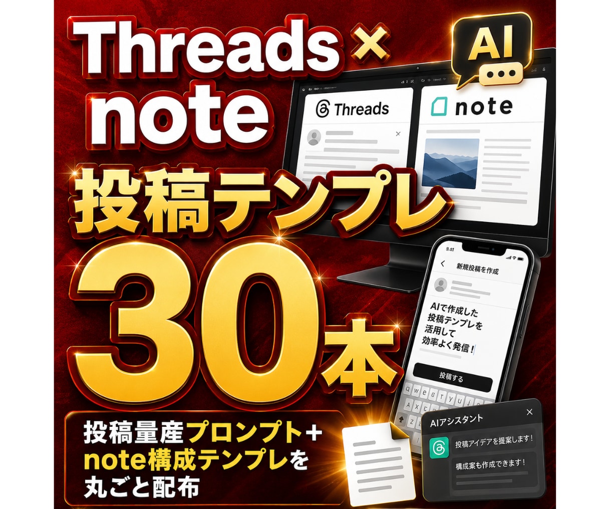 Threads×noteのAI投稿テンプレ渡します 投稿量産プロンプト＋note構成テンプレを丸ごと配布 イメージ1