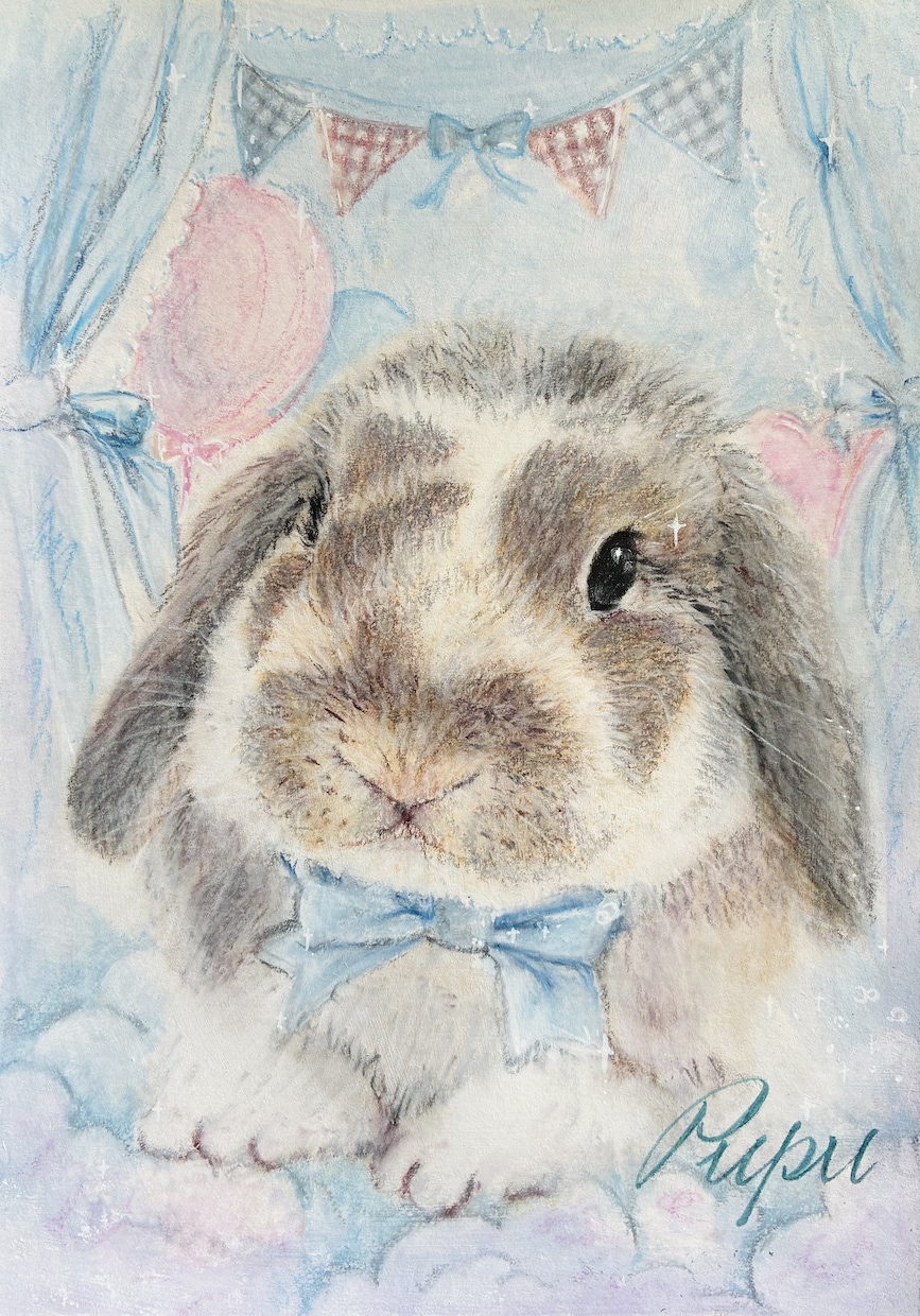 ペットの似顔絵、背景込みで絵本風に手描きします 飾り易いA5サイズ一点物です。プレゼントや虹組さんの思い出に イメージ3