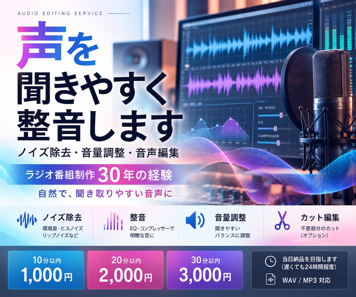 ノイズ除去・整音で声を聞きやすくします ポッドキャストやナレーションの音質を改善します イメージ2