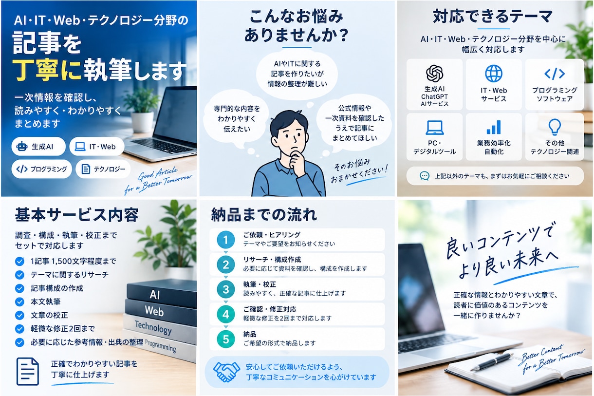 AI・IT・Web分野の記事を丁寧に執筆します 可能な限り一次情報を確認し、丁寧にまとめます イメージ2