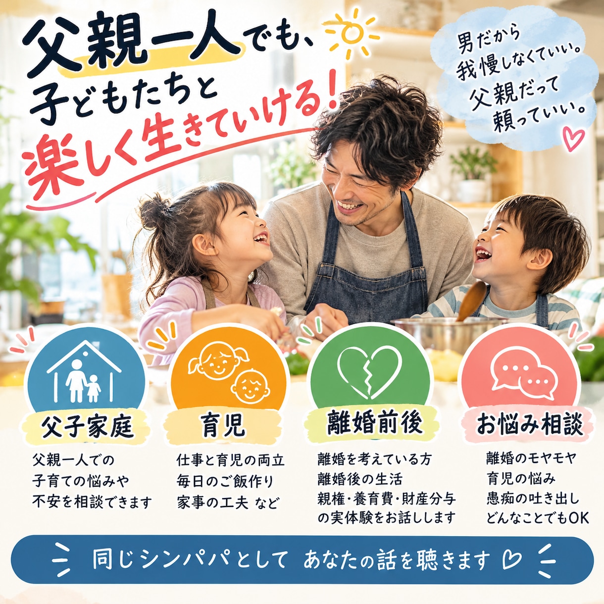 離婚・親権・子育ての悩みをお聴きします 小学生2人ワンオペ育児中・同じ父親目線で寄り添います イメージ1