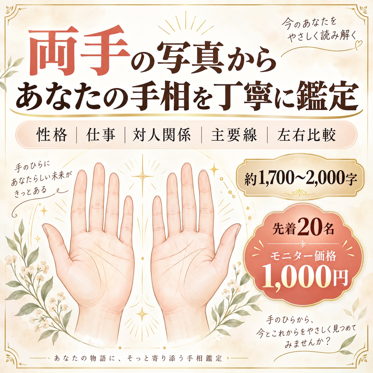 両手の写真から丁寧に手相鑑定します 約2000字｜性格・仕事・対人傾向まで読み解きます イメージ1