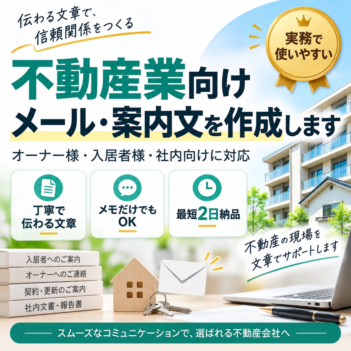 不動産向けの文章・メール・案内文を作成します 現役の賃貸営業経験を活かし、伝わる実務文書を作成します イメージ1