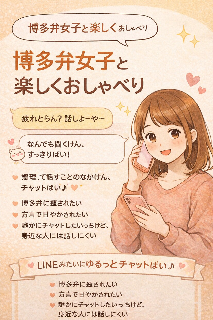 23歳福岡在住女性と博多弁ではなせます 福岡県在住の23歳女性ばい今日は誰かと話したいっちゃんね！ イメージ1