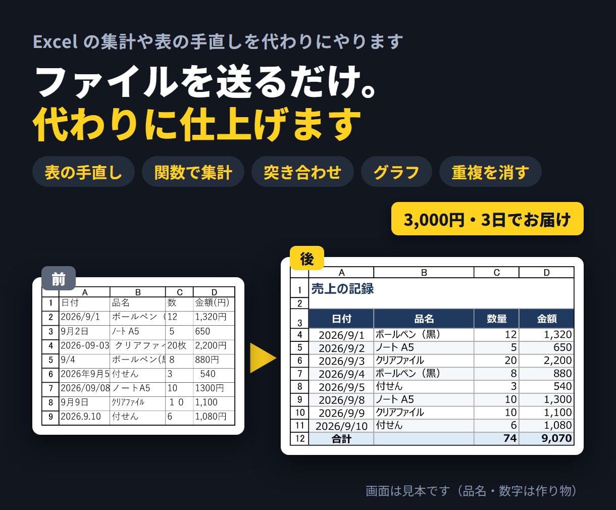 Excelの集計や表の手直しを代わりにやります やりたい事を一言書いてファイルを送るだけ イメージ1