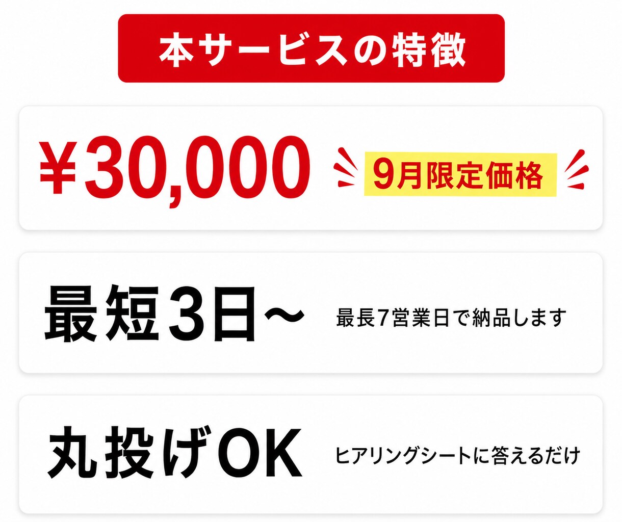 9月限定価格 3万円でLP制作します 最短3日・追加費用ゼロ。まずはLPを試してみたい方へ。 イメージ8