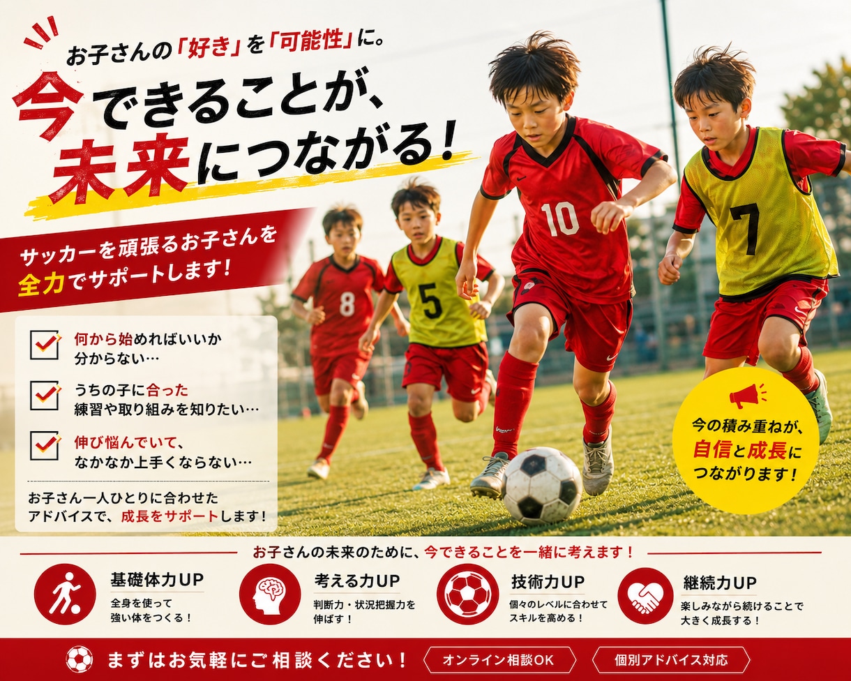 サッカー選手を目指すお子さんをサポートします サッカー選手を目指す子供を育てる為に！ イメージ1