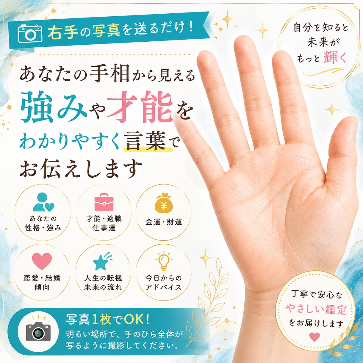 手相で見る強みや才能をわかりやすい言葉で伝えします 右手の写真を送るだけ！  あなたの手相を丁寧に読み解きます イメージ1