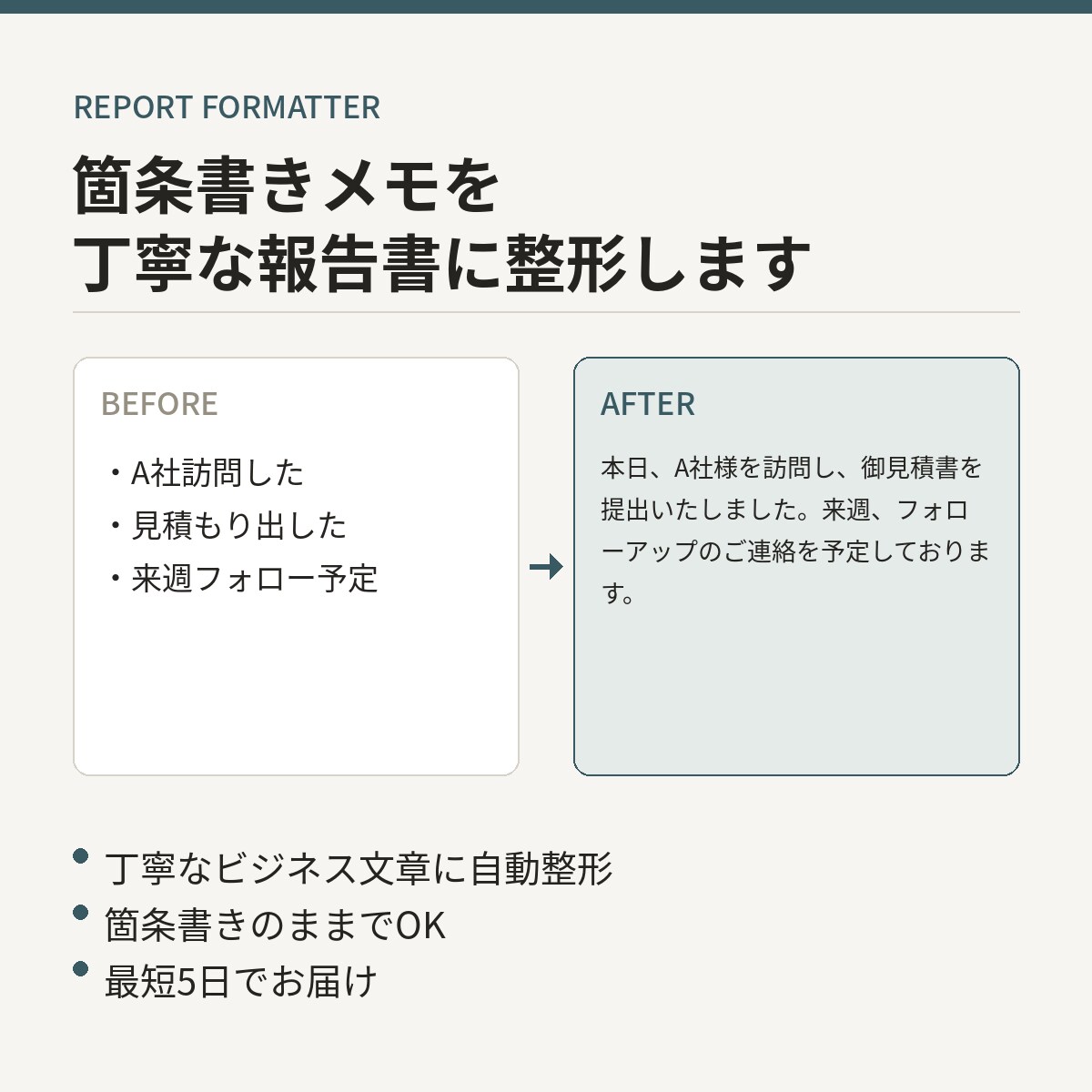箇条書きメモを丁寧な日報・報告書に整形します 文章が苦手な方へ、AIが丁寧に報告書化 イメージ1
