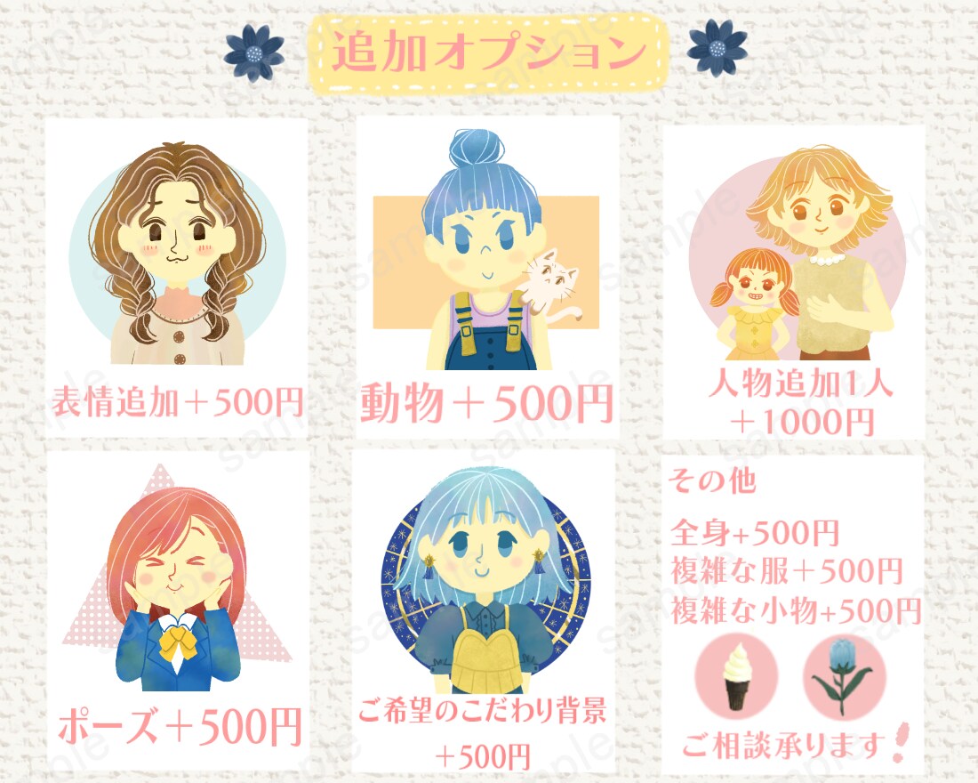 表情3つ付き☆水彩塗りの可愛いイラスト描きます ♪ 27種から選べる表情でSNSやブログを華やかに☆ イメージ8