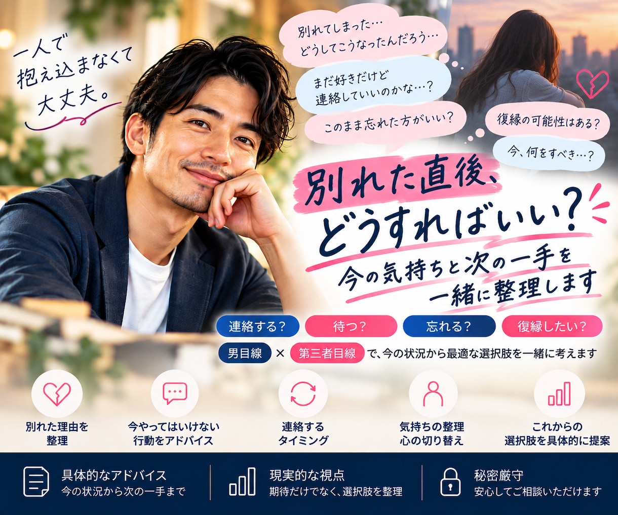 別れた直後の気持ちと次の行動を男目線で整理します 連絡する？待つ？別れた直後の次の一手を一緒に考えます イメージ1