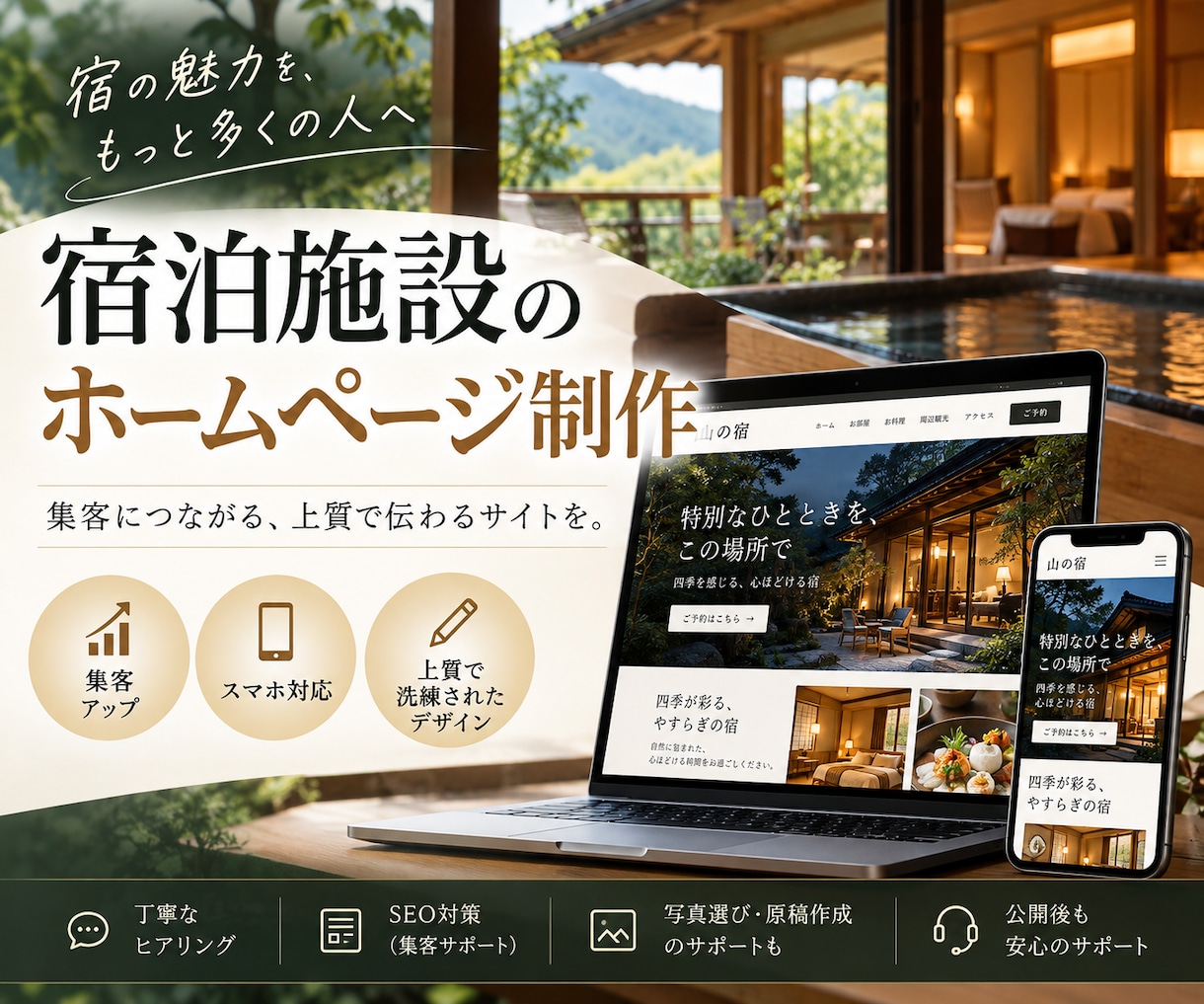 旅館・ホテル・民泊の上質なホームページを作ります 旅館・ホテル・民宿の魅力を伝え、予約につながるサイトへ イメージ1