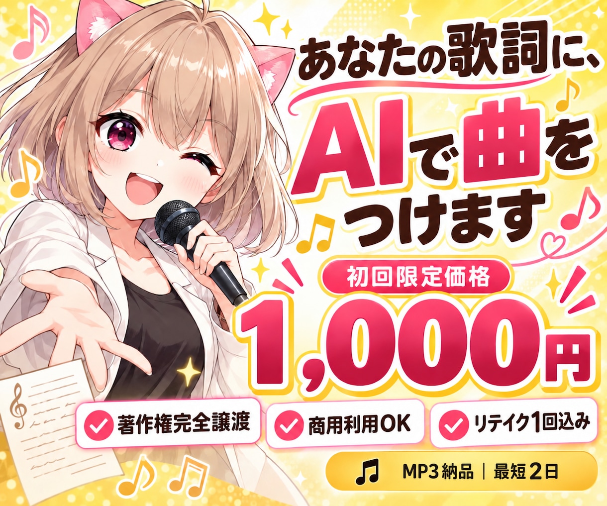 あなたの歌詞に生成AIでオリジナル曲をつけます 【著作権譲渡・リテイク1回込み】配信対応フォーマットで納品 イメージ1