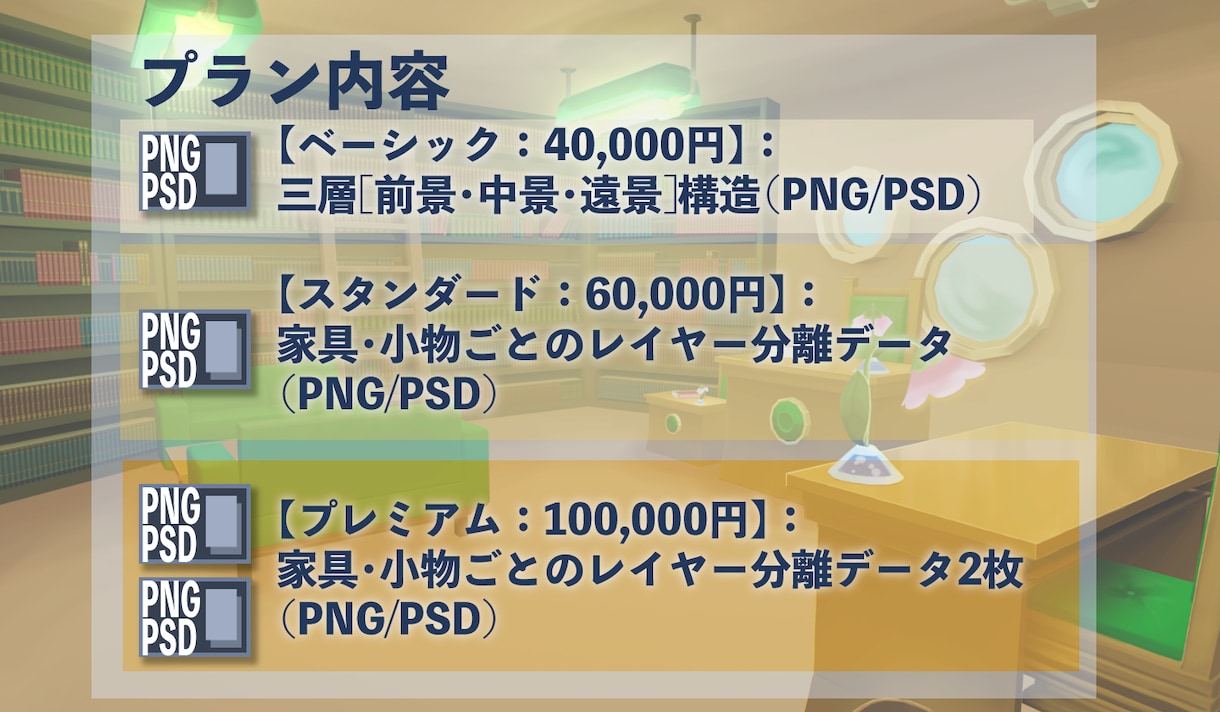 パーツ分け済の2D背景美術・PSDを制作します 演出に合わせた個別レイヤー分離で開発コストを削減します イメージ2