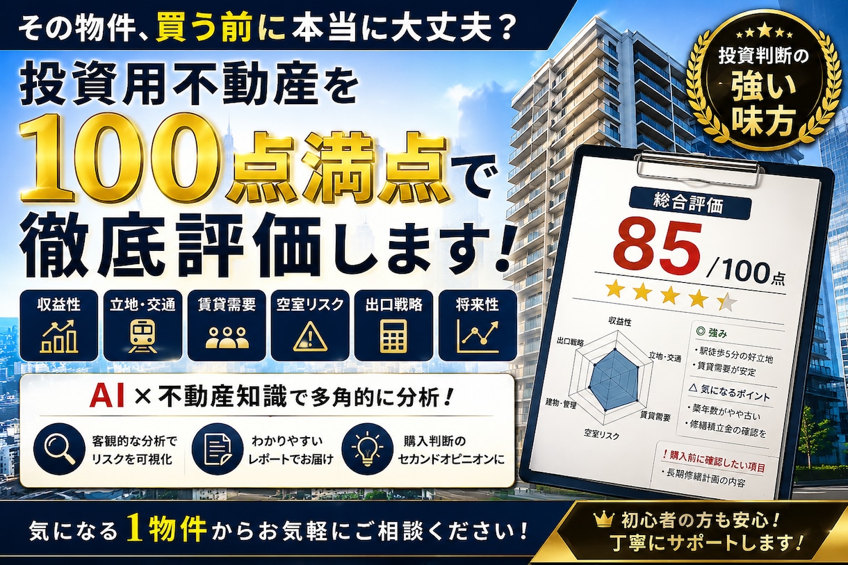 購入前の投資用不動産を100点満点で徹底評価します 不動産のプロが収益性・立地・リスクを多角的に分析 イメージ1