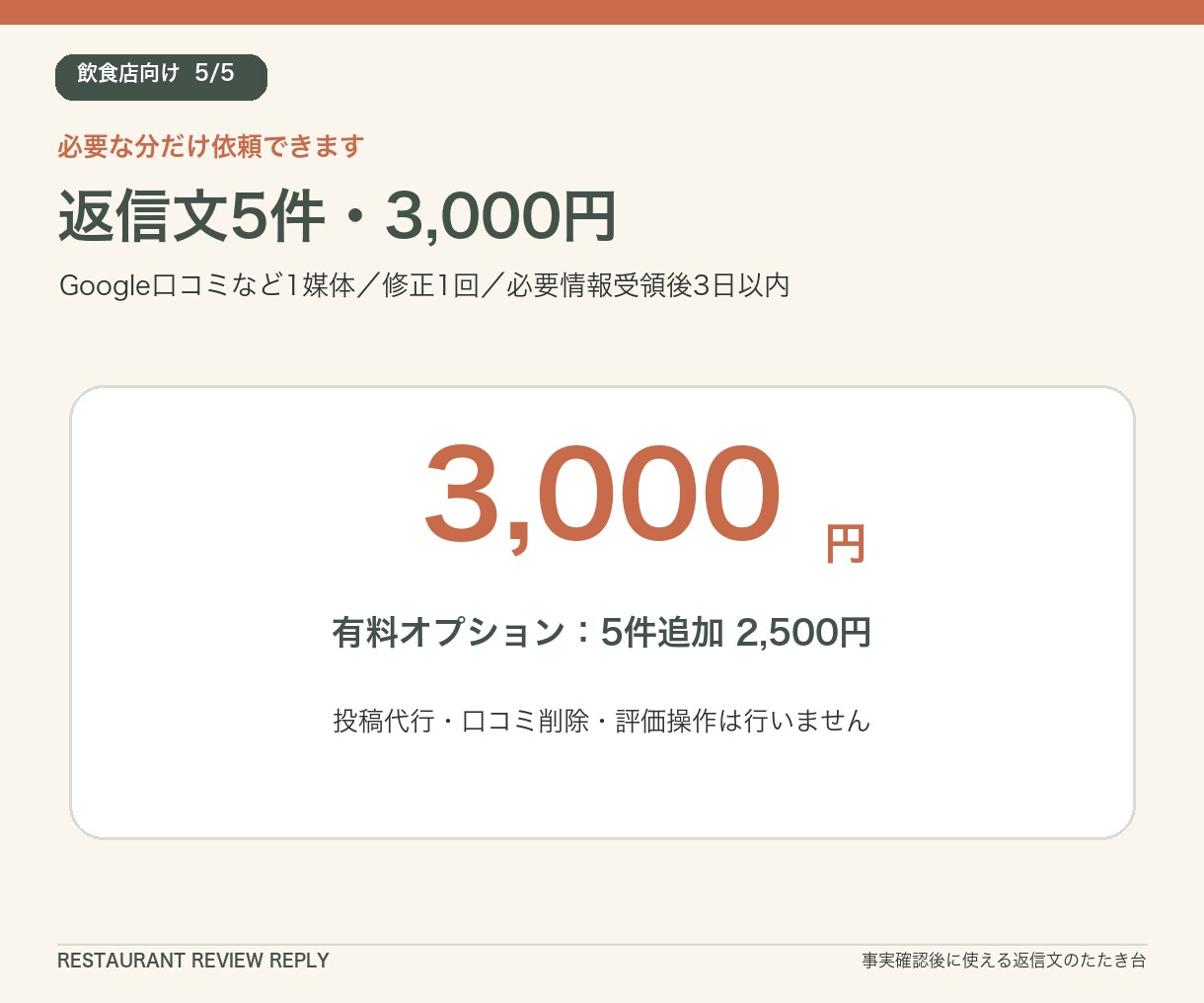 飲食店のGoogle口コミ返信文を5件作成します 高評価・低評価にも、お店らしい丁寧な返信案をご用意 イメージ5