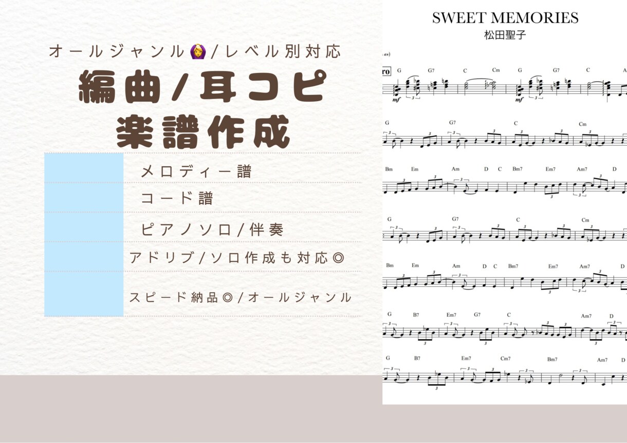 耳コピ/編曲/楽譜制作 オールジャンル承ります オールジャンルOK/編成自由/スピード納品対応◎ イメージ1