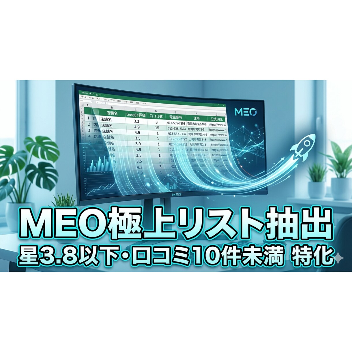 MEO業者様向け：営業リストを抽出します 『星3.8以下・口コミ10件未満』の営業リストを抽出します イメージ1