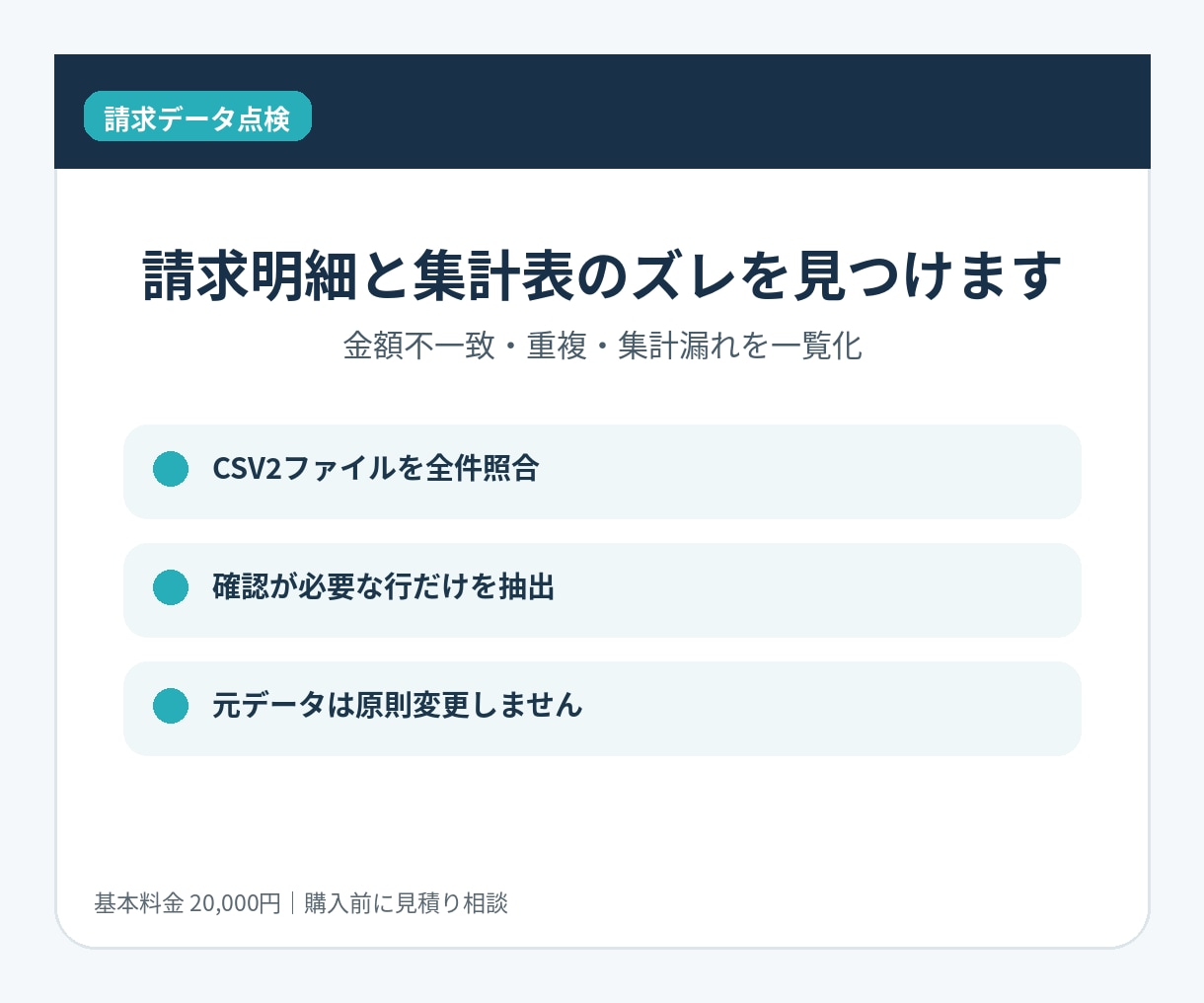 請求明細と集計表の金額ズレを調べます 重複・金額不一致・未登録費目を確認し、原因候補を一覧化します イメージ1